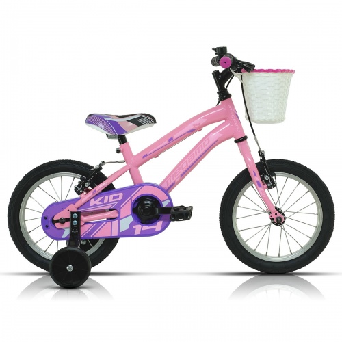 Bicicleta infantil rosa y lila Megamo 14 pulgadas con cesta