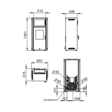 Medidas estufa pellet Noa horno