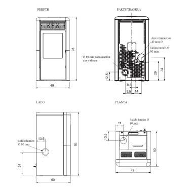 Medidas estufa pellet Point Plus canalizable