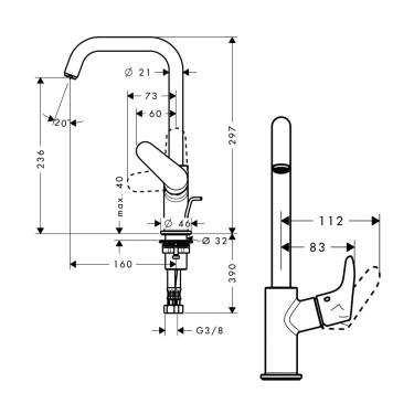 Medidas grifo lavabo Focus 240