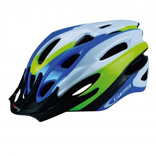 casco bici azul, amarillo y blanco